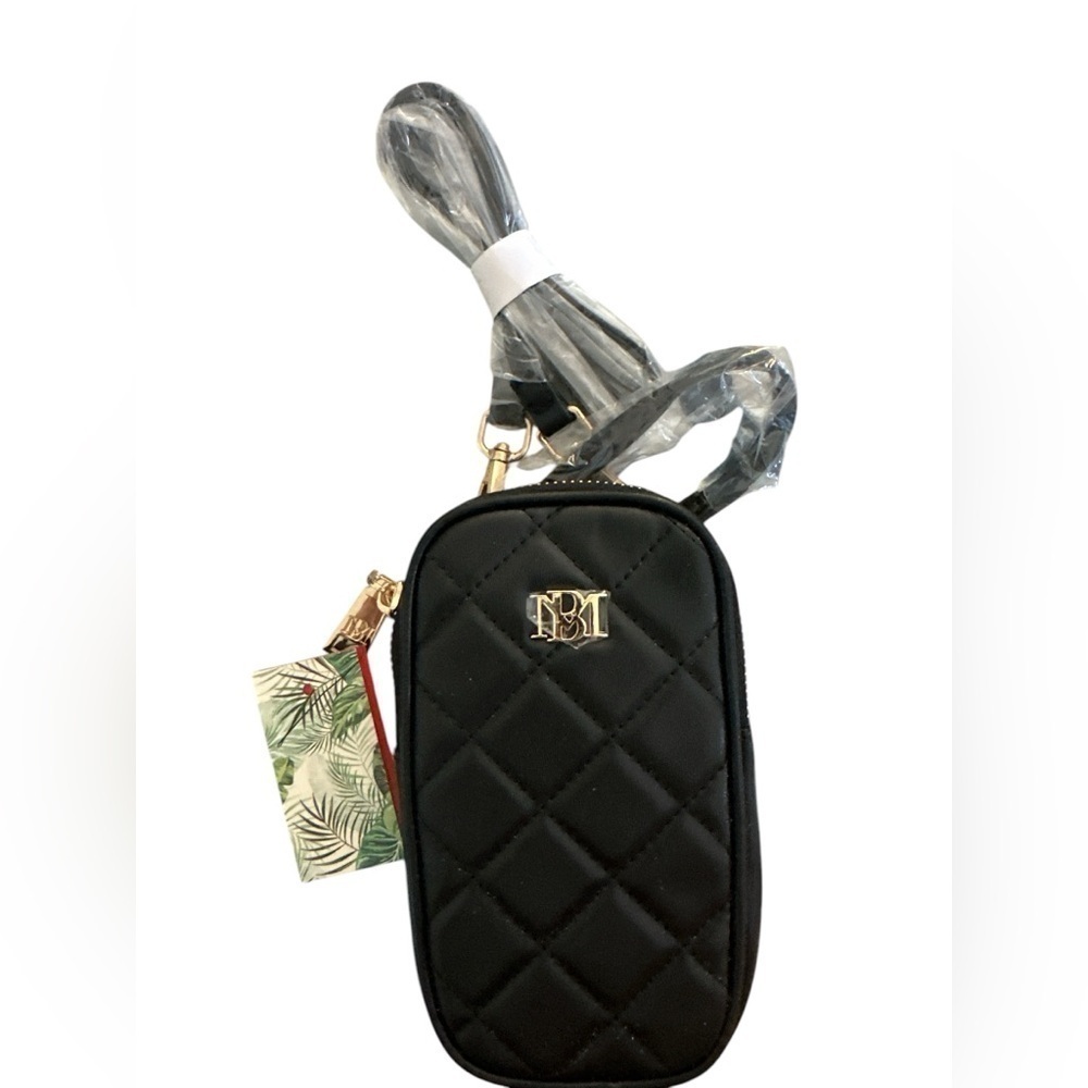 Badgley Mischka Oval Phone Case CROSSBODY PURSE Black Vegan Leather Strap NWT